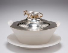 A VICTORIAN SILVER-LIDDED GLASS BUTTER DISH AND STAND