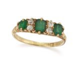 WITHDRAWN AN 18CT THREE STONE EMERALD AND DIAMOND RING, the central cushion cut emerald, set to