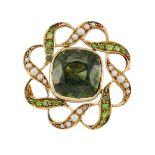 A 15CT GREEN ZIRCON, DEMANTOID GARNET AND SEED PEARL BROOCH