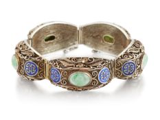 A CHINESE SILVER-GILT JADE AND ENAMEL BRACELET