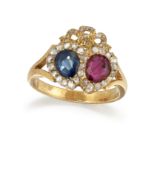 A NINETEENTH CENTURY FRENCH SAPPHIRE, RUBY AND DIAMOND HEART RING