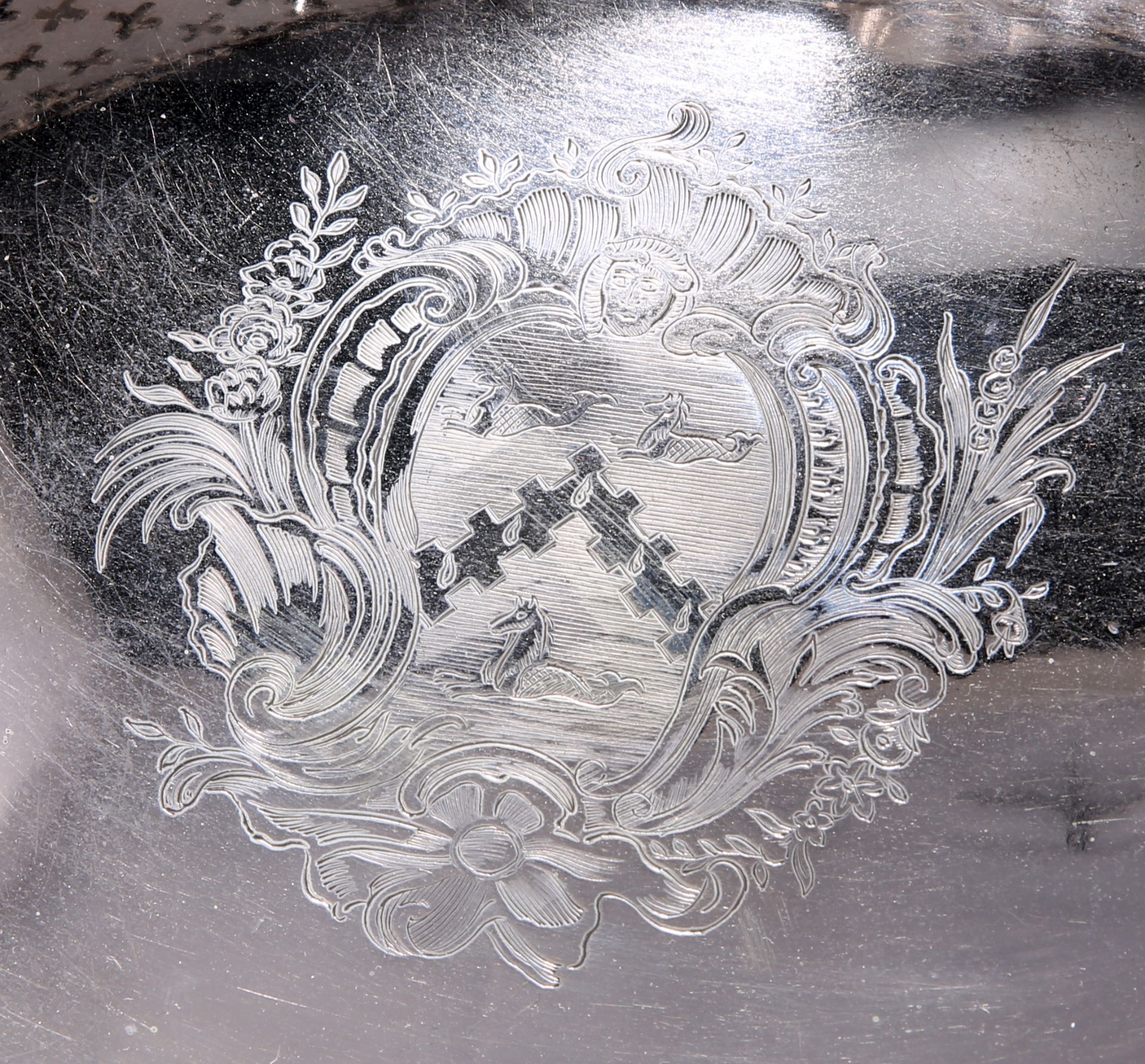A FINE GEORGE II ROCOCO CAST SILVER SWING-HANDLED CAKE BASKET - Image 5 of 5