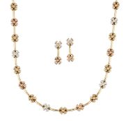 A 9CT TRI-COLOURED GOLD FANCY LINK NECKLACE AND MATCHING EARRINGS