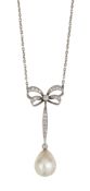 A NATURAL SALTWATER PEARL AND DIAMOND BOW PENDANT NECKLACE