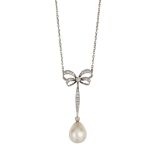 A NATURAL SALTWATER PEARL AND DIAMOND BOW PENDANT NECKLACE