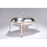 A GEORGE III SILVER TWIN HANDLED CHAFING DISH ON STAND,