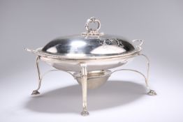 A GEORGE III SILVER TWIN HANDLED CHAFING DISH ON STAND,