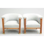 A PAIR OF BEECH AND UPHOLSTERED TUB CHAIRS, IN BIEDERMEIER STYLE