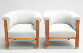 A PAIR OF BEECH AND UPHOLSTERED TUB CHAIRS, IN BIEDERMEIER STYLE