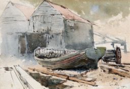 CHARLES ROWBOTHAM (1856-1921), A SHIPWRIGHT'S YARD AT IPSWICH AND OLD CALSTAIN