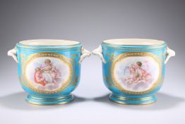 A PAIR OF SEVRES STYLE TWO-HANDLED JARDINIERES