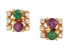 A PAIR OF '21K' DIAMOND, RUBY AND EMERALD EARRINGS