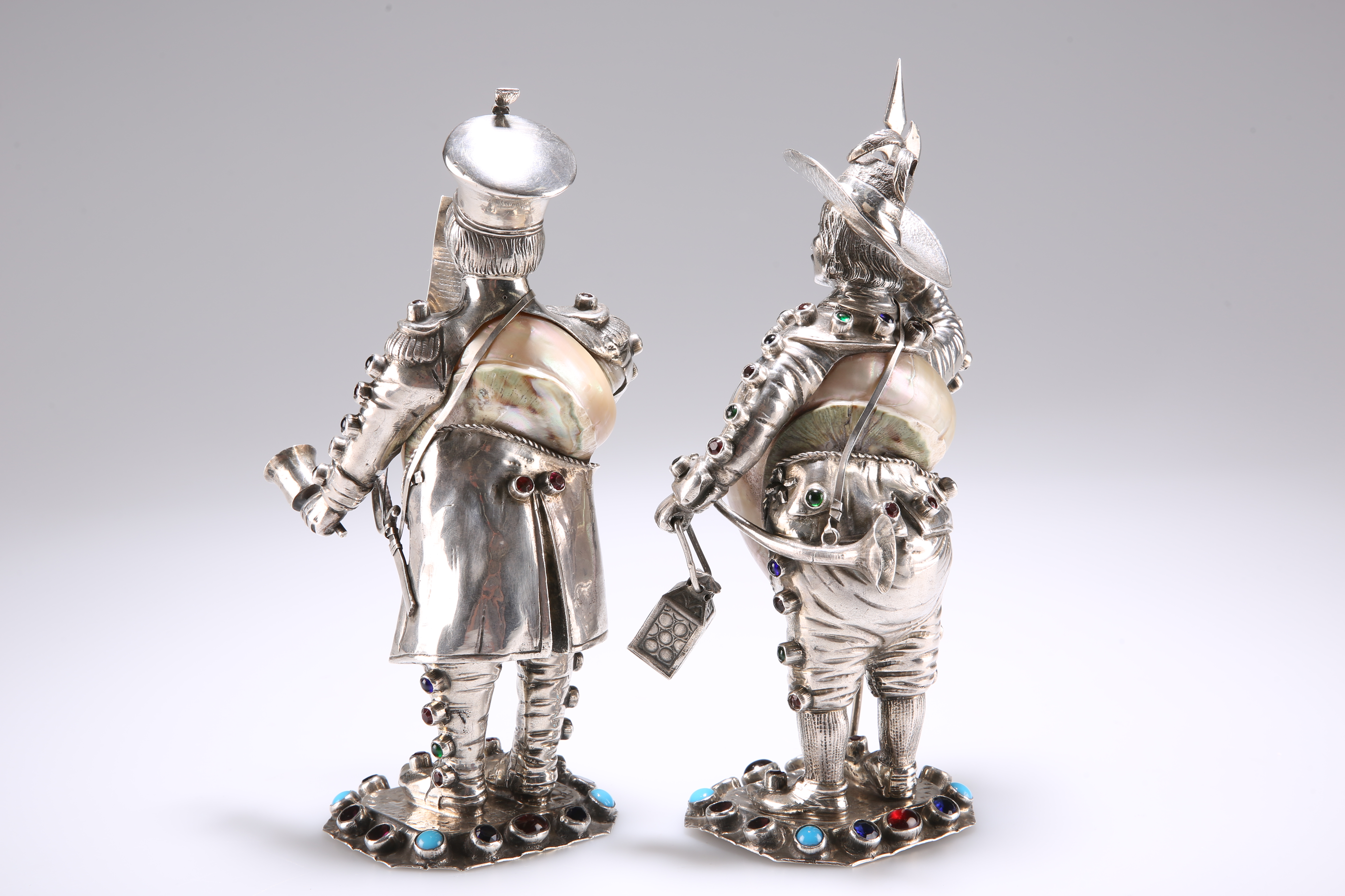 A PAIR OF GERMAN SILVER, NAUTILUS SHELL, JEWELLED AND PASTE SET FIGURES - Image 3 of 3