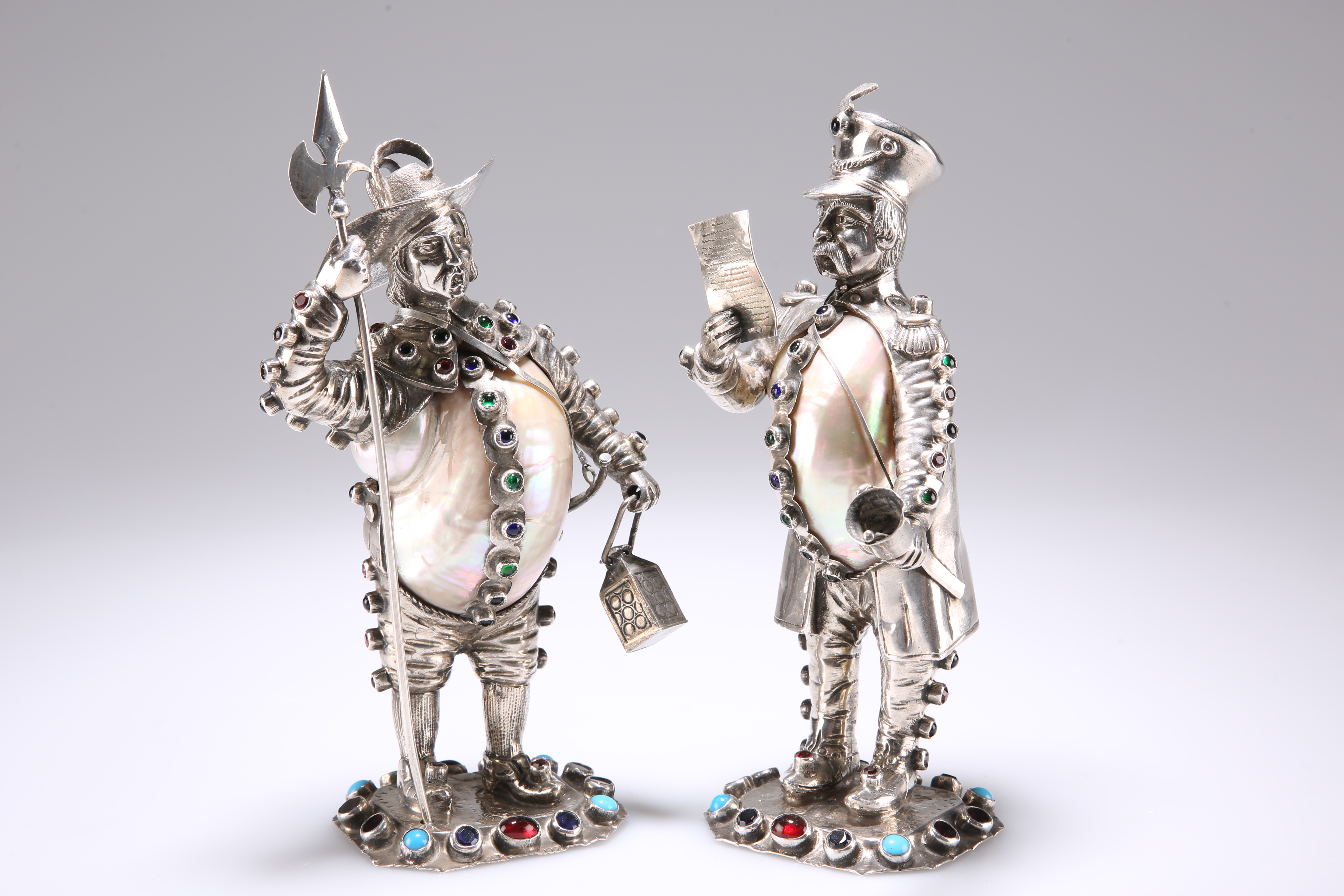 A PAIR OF GERMAN SILVER, NAUTILUS SHELL, JEWELLED AND PASTE SET FIGURES - Image 2 of 3