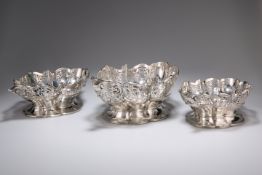 A SUITE OF THREE GEORGE V PIERCED BASKETS, by James Dixon & Sons, Sheffield 1921, of lobed navette