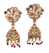 A PAIR OF RUBY, EMERALD AND CULTURED PEARL INDIAN STYLE EARRINGS