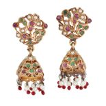 A PAIR OF RUBY, EMERALD AND CULTURED PEARL INDIAN STYLE EARRINGS
