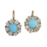 A PAIR OF TURQUOISE AND DIAMOND EARRINGS