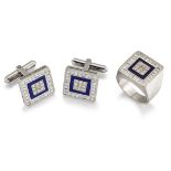 A 14CT DIAMOND AND LAPIS LAZULI RING AND MATCHING CUFFLINKS