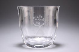AN ORREFORS GLASS VASE, DESIGNED BY EDVIN OHRSTROM, engraved with a lady, bird and sprigs of