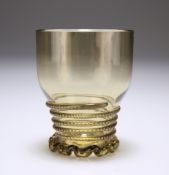 A BOHEMIAN GREEN GLASS BEAKER, probably late 18th Century, decorated with ribbon-trail and a frill