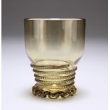 A BOHEMIAN GREEN GLASS BEAKER, probably late 18th Century, decorated with ribbon-trail and a frill