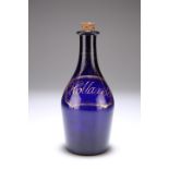 AN EARLY 19TH CENTURY BRISTOL BLUE GIN DECANTER, with gilded "Hollands" label. 18.5cm high exc. cork