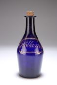 AN EARLY 19TH CENTURY BRISTOL BLUE GIN DECANTER, with gilded "Hollands" label. 18.5cm high exc. cork