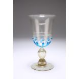 A VENETIAN GLASS GOBLET, 19TH CENTURY, the bell-shaped bowl with blue teardrops, raised on an