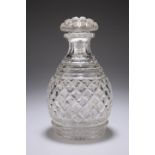 A MID-19TH CENTURY CUT-GLASS DECANTER, with heavy pineapple style cutting and domed mushroom