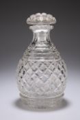 A MID-19TH CENTURY CUT-GLASS DECANTER, with heavy pineapple style cutting and domed mushroom