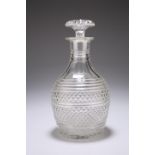 A GEORGIAN CUT-GLASS DECANTER, the ovoid body heavily cut with hobnail and banding. 24.5cm high