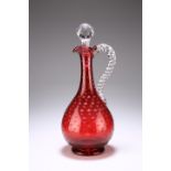 A VICTORIAN RUBY GLASS CLARET JUG, with ropetwist handle, the body etched with stars and clustered