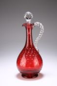 A VICTORIAN RUBY GLASS CLARET JUG, with ropetwist handle, the body etched with stars and clustered