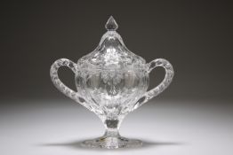 A 19TH CENTURY FRENCH GLASS SUGAR BASKET AND COVER, PROBABLY BACCARAT, oval with twin handles,