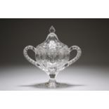 A 19TH CENTURY FRENCH GLASS SUGAR BASKET AND COVER, PROBABLY BACCARAT, oval with twin handles,