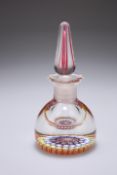 A MILLEFIORI GLASS SCENT BOTTLE, with multicoloured canes and steeple stopper. 14.5cm high