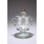 A CONTINENTAL GLASS LIDDED JAR, 18TH CENTURY, the domed cover with knopped finial with red