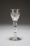 A JACOBITE STYLE CORDIAL GLASS, POSSIBLY WHITEFRIARS, the bowl engraved with a bird and floral