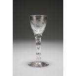 A JACOBITE STYLE CORDIAL GLASS, POSSIBLY WHITEFRIARS, the bowl engraved with a bird and floral
