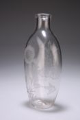 A 19TH CENTURY GLASS FLASK, ovoid, engraved with foliage to each side and to one side a monogram.