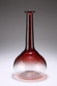 A DEEP RED GLASS BOTTLE VASE, with tall slightly tapering cylindrical neck issuing from a bulbous