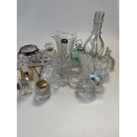 A large collection of glass inc. silver-rimmed bowl, brass-mounted cut-glass inkwell, atomiser,