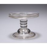 AN 18TH CENTURY GLASS PATCH STAND, the galleried circular tray raised on a knopped stem continuing