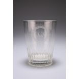 A LARGE GLASS BEAKER, CIRCA 1800, tapering cylindrical form, engraved with initials, the lower