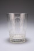 A LARGE GLASS BEAKER, CIRCA 1800, tapering cylindrical form, engraved with initials, the lower