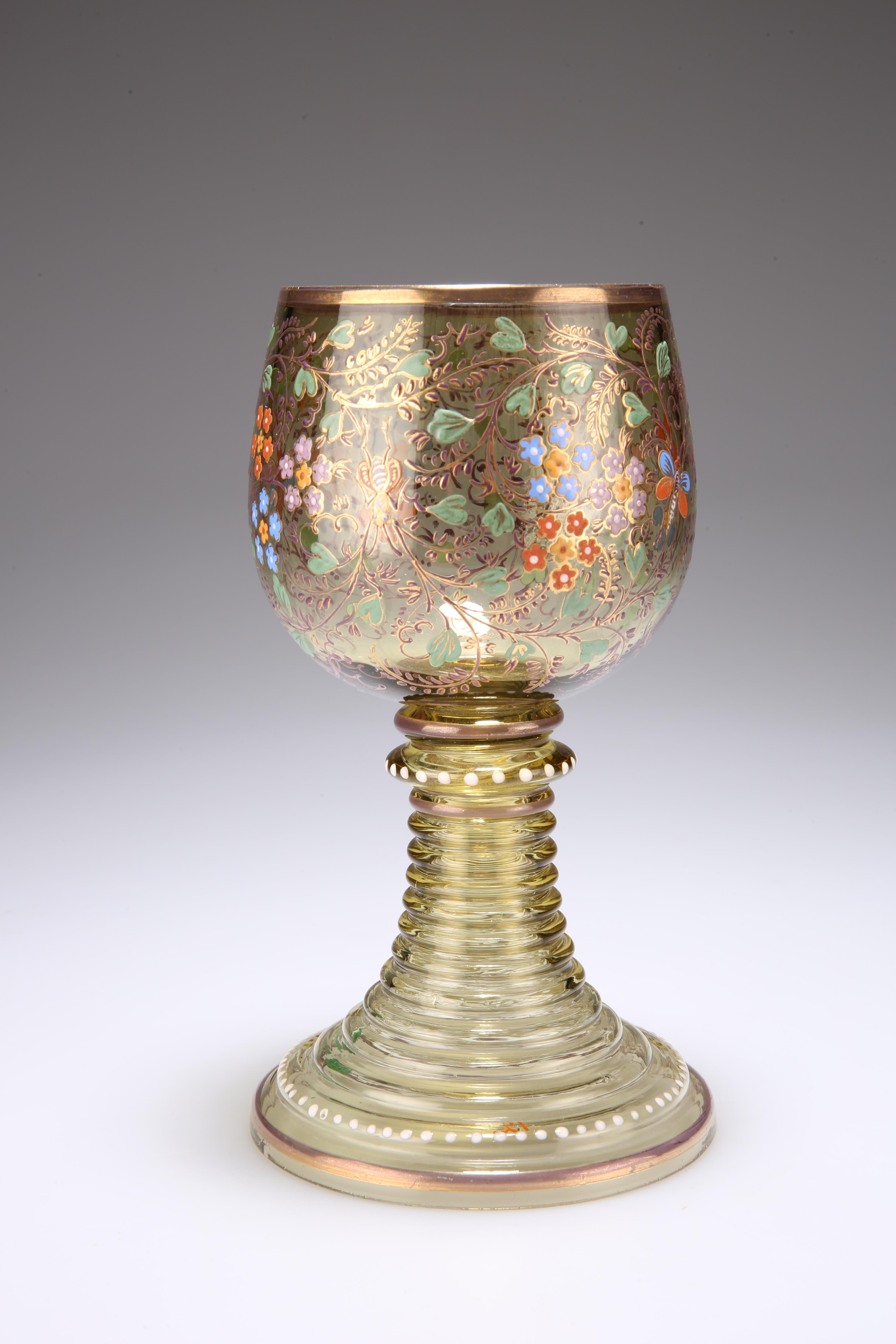 A LARGE MOSER ROEMER, CIRCA 1880, the bowl richly enamel painted with insects and butterflies amidst