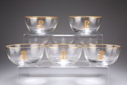 A SET OF FIVE SALVIATI DESSERT BOWLS, LATE 19TH CENTURY, circular with gilded rims and monogram.