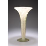 A LARGE AND UNUSUAL 20TH CENTURY ART GLASS VASE, of trumpet form with frosted pattern. 36.5cm high