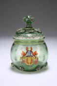 A BOHEMIAN THERESIENTHAL LIDDED JAR, 19TH CENTURY, decorated with a heraldic shield to the front and